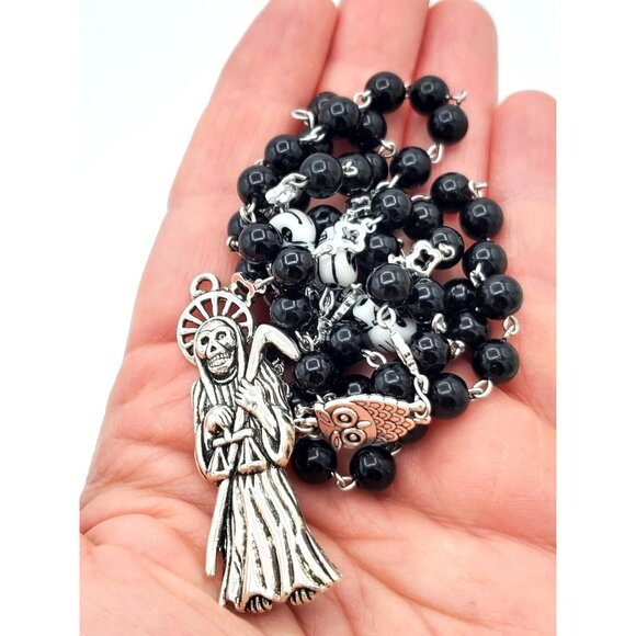 Handmade Obsidian Santa Muerte Rosary Holy Death Amulet Natural Stone Beads - Picture 10 of 10